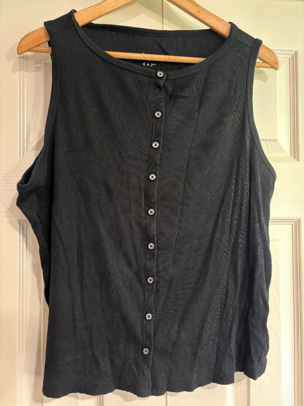 a new day Sleeveless Micro Rib Button Front Top Black Women's Large Cotton/Rayon